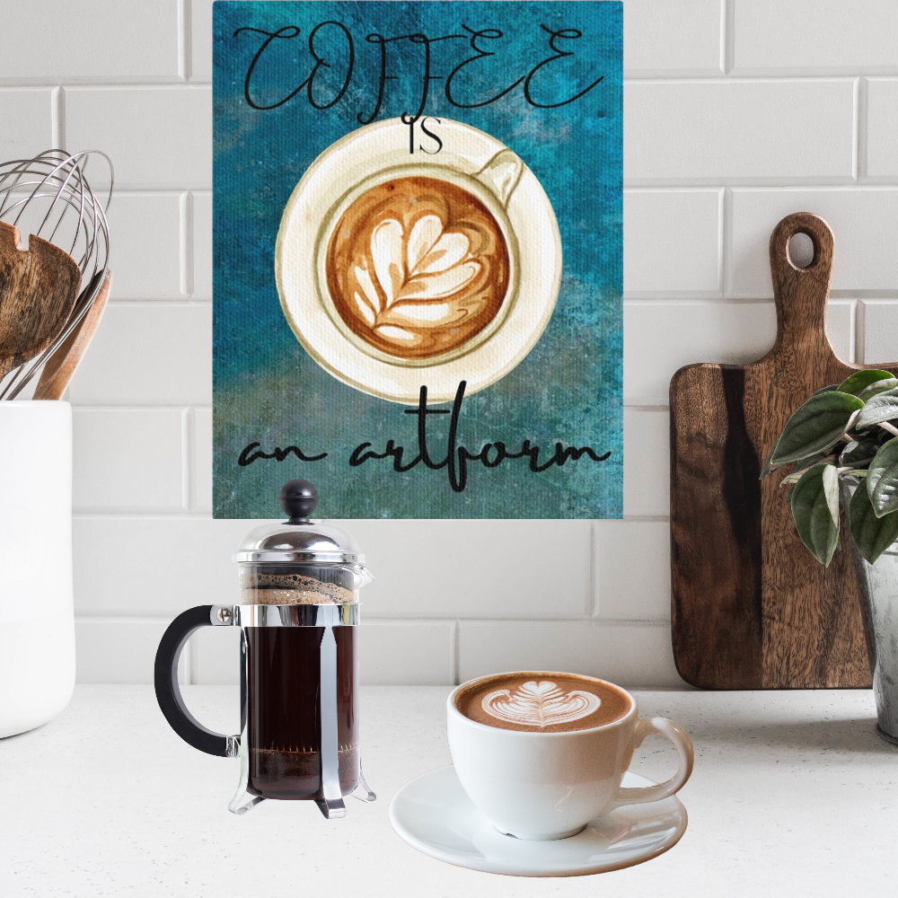 Coffee is an Artform Canvas Print shown with kitchen accessories