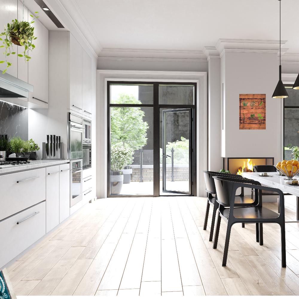 Rustic Herb wall art shown in a modern kitchen with white cabinets, black appliances, and a dining area.