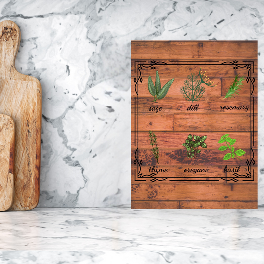 Wooden wall art with herb illustrations and names on a marble background