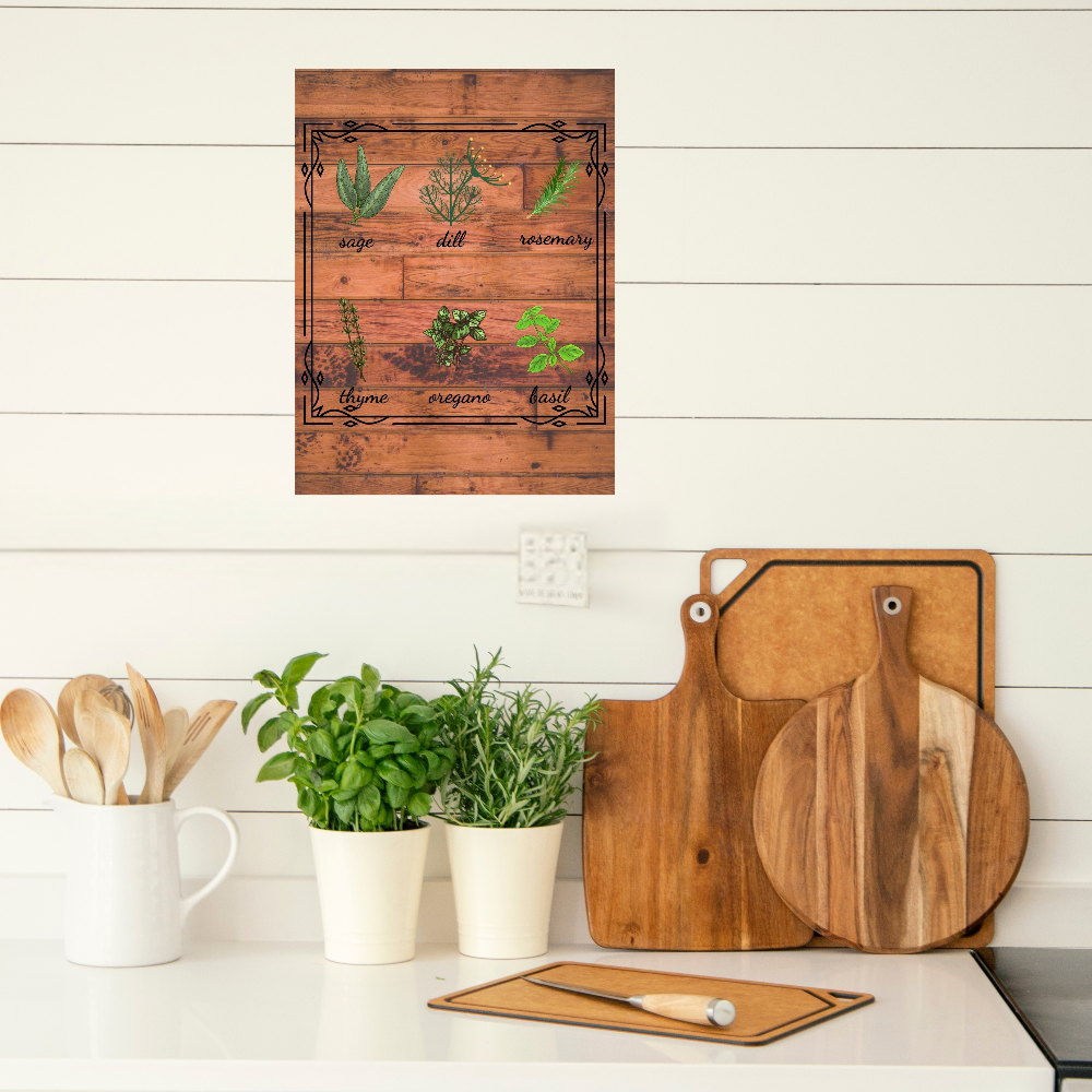 Canvas with herb illustrations on a kitchen wall with potted plants and wooden utensils.