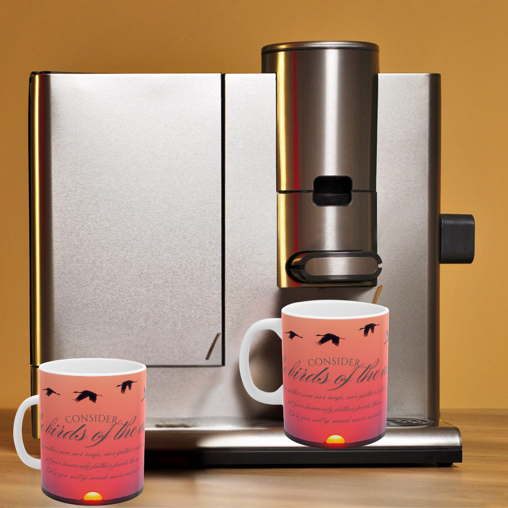 Consider the birds inspirational ceramic mug shown in a stainless-steel coffee maker