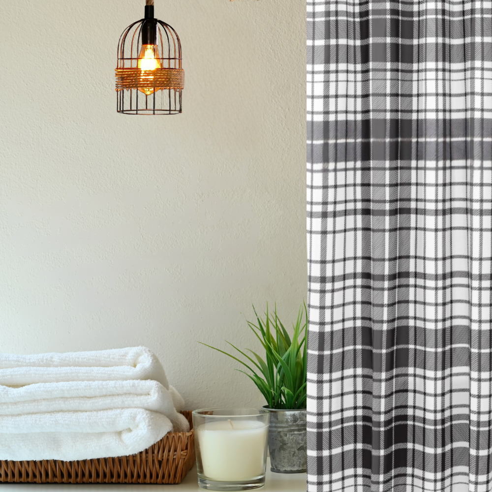 chic black and white plaid shower curtain shown with bathroom accessories