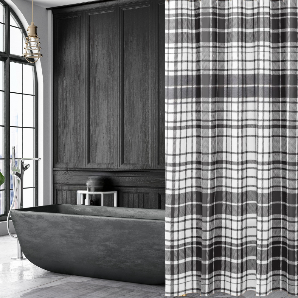 chic black and white plaid shower curtain shown in a dark luxe bathroom with a charcoal colored tub