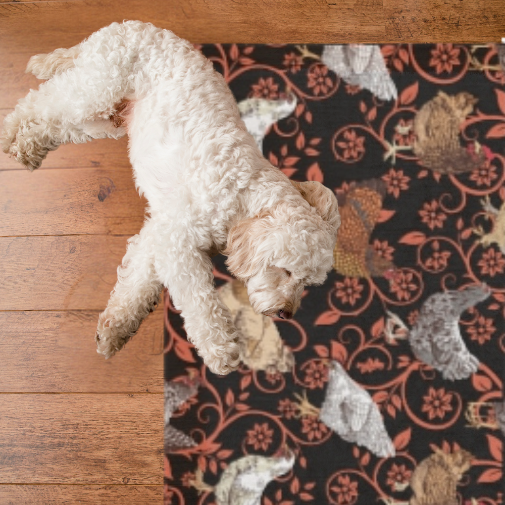 Chicken Outdoor Rug shown on a wood floor with a fluffy white dog