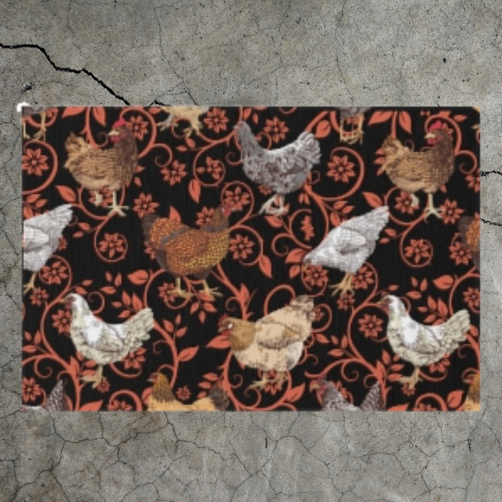 Chicken Outdoor Rug shown in detail with a red floral design featuring several chickens