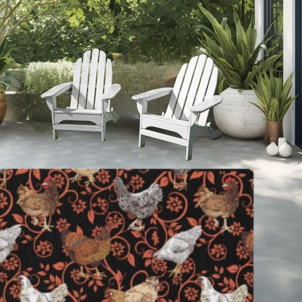 Chicken Outdoor Rug shown on a patio with two Adirondak chairs