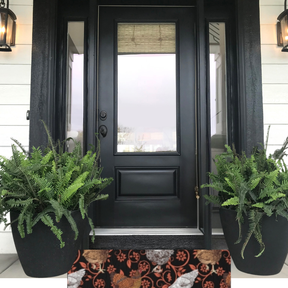  Chicken Outdoor Rug shown in front of a front door