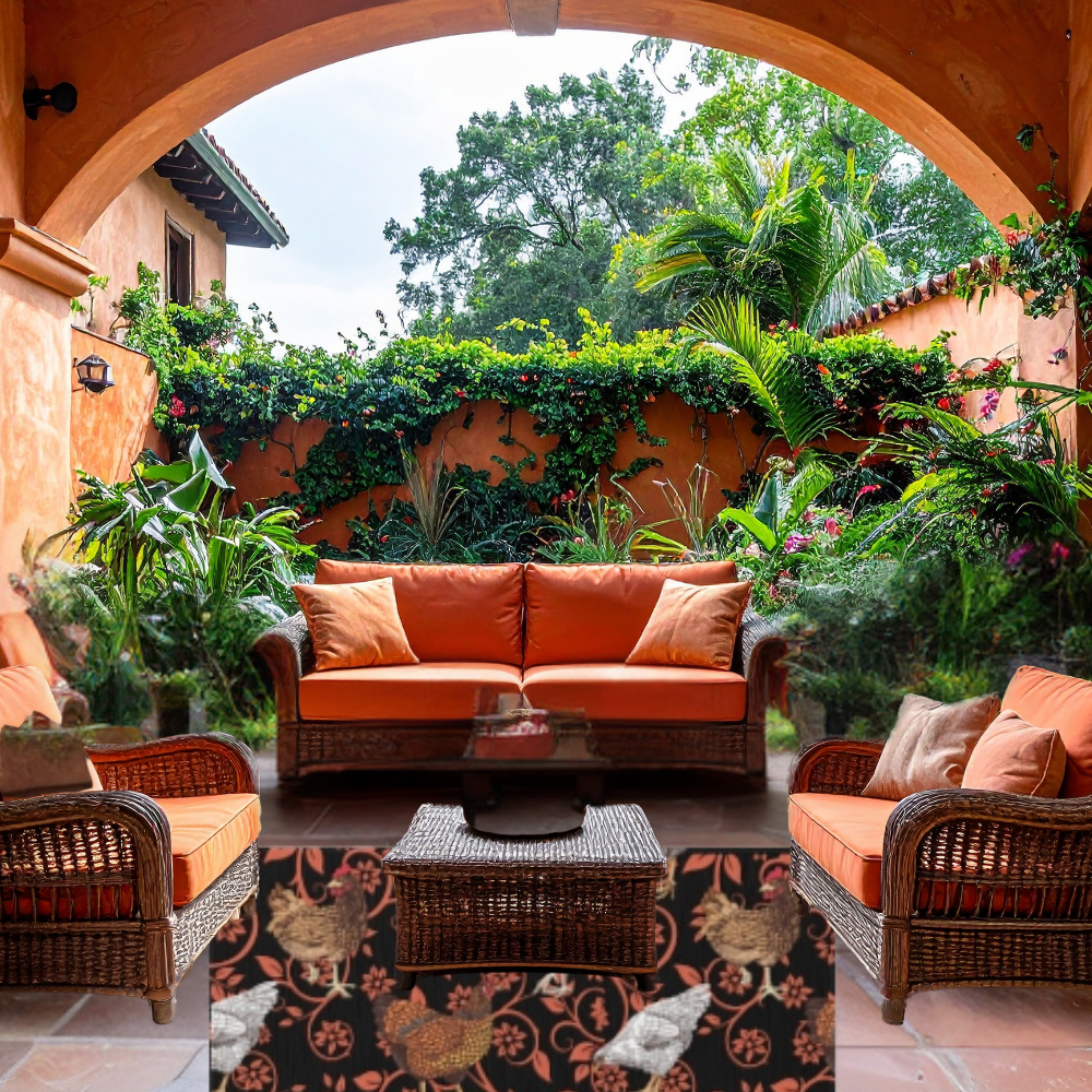 Chicken Outdoor Rug shown in a beautiful terra cotta colored breezeway with lots of plants