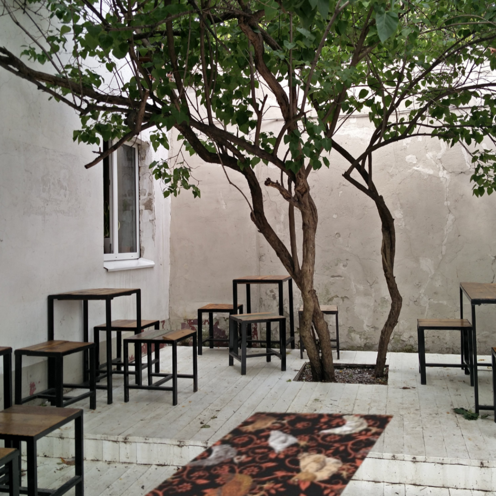 Chicken Outdoor Rug shown in an outdoor courtyard