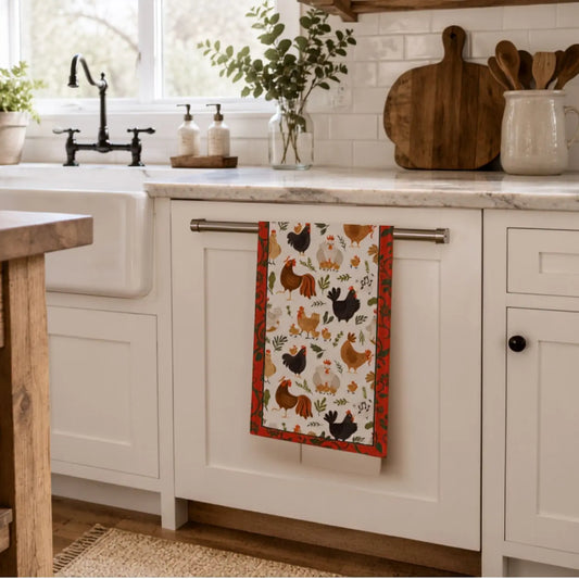 Country Chickens Tea Towel — Farmhouse Rooster & Hen Kitchen Towel=Perfect for All Seasons