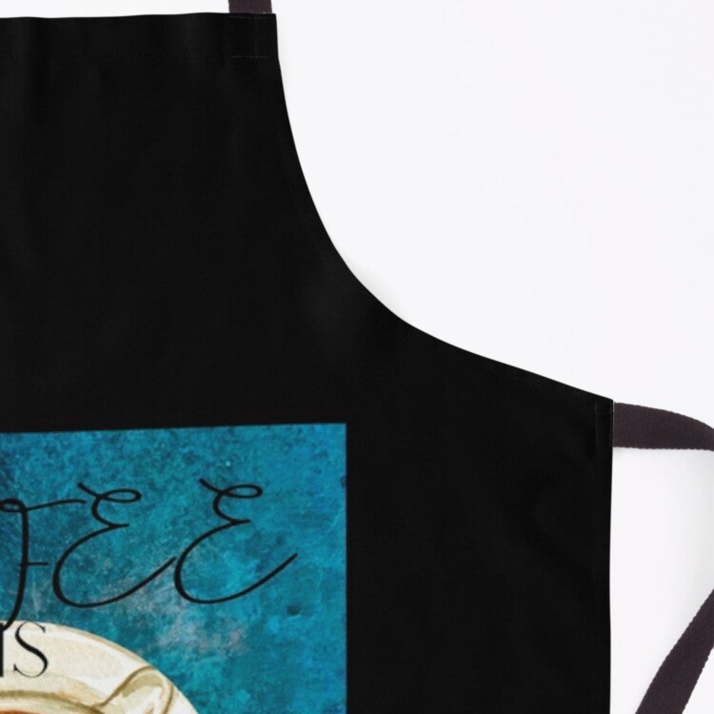 detail of apron showing watercolor blue background with text