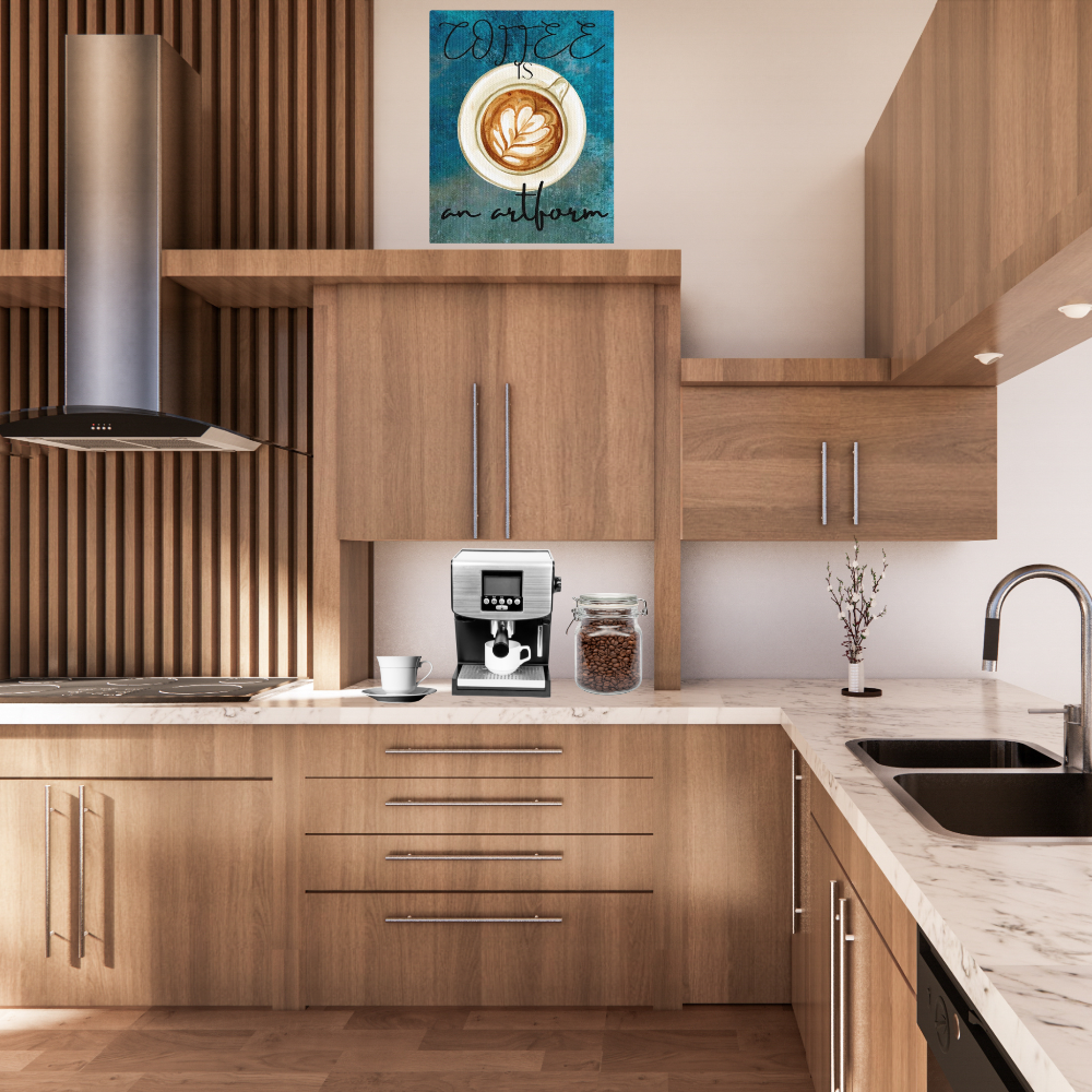 Shown in a Modern kitchen with wooden cabinets, and a coffee machine