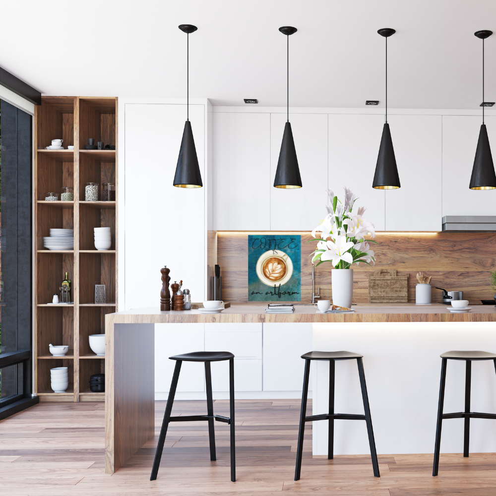 Coffee lovers art Canvas shown in a modern kitchen