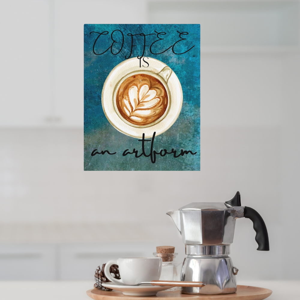Coffee lovers art Canvas shown in a kitchen with coffee related items