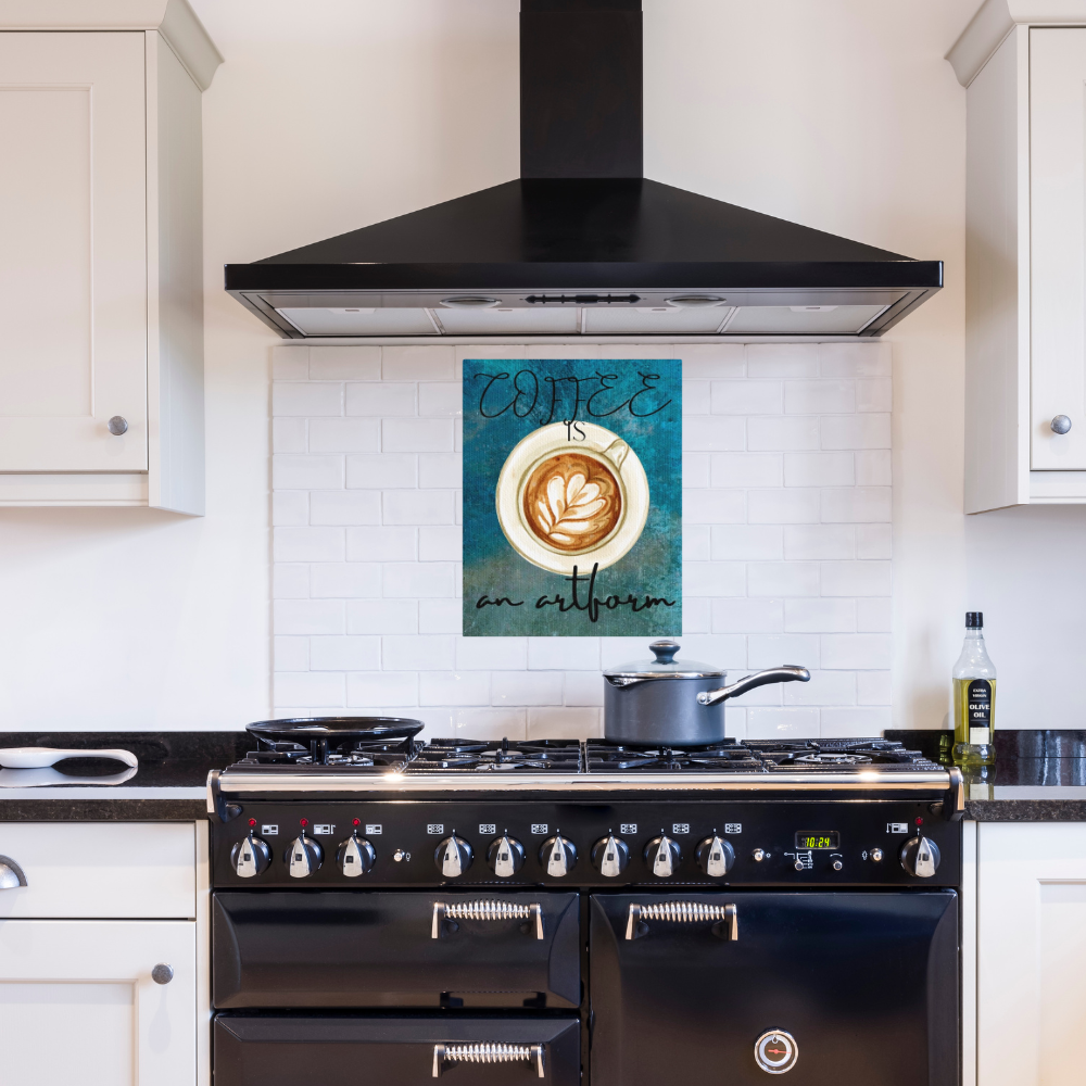 Coffee lovers art Canvas shown in a contemporary kitchen with a black designer stove