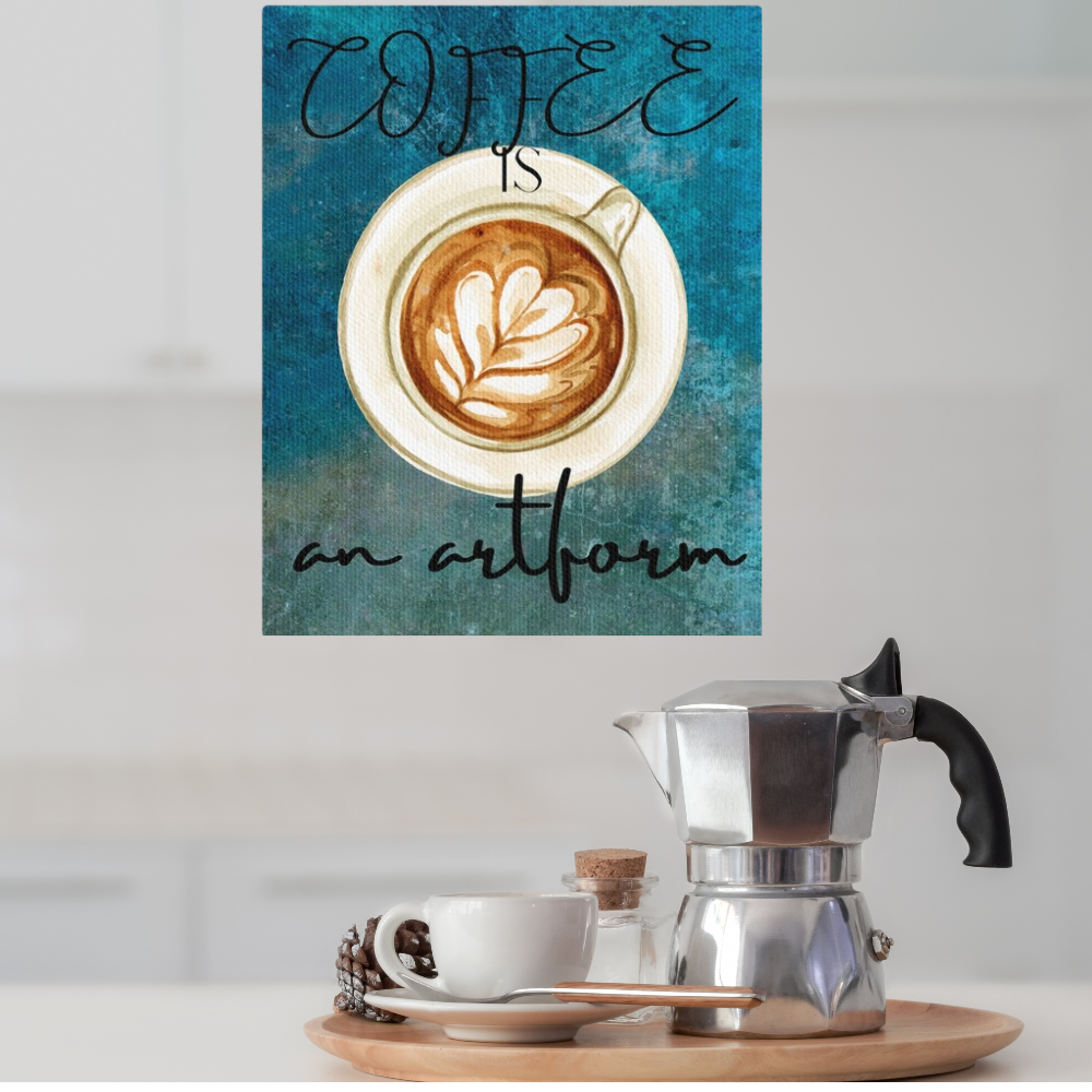 detail of canvas print with teal watercolor background and decorative latte shown with coffee supplies 