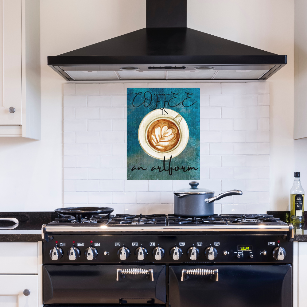 shown with a modern black range and range hood