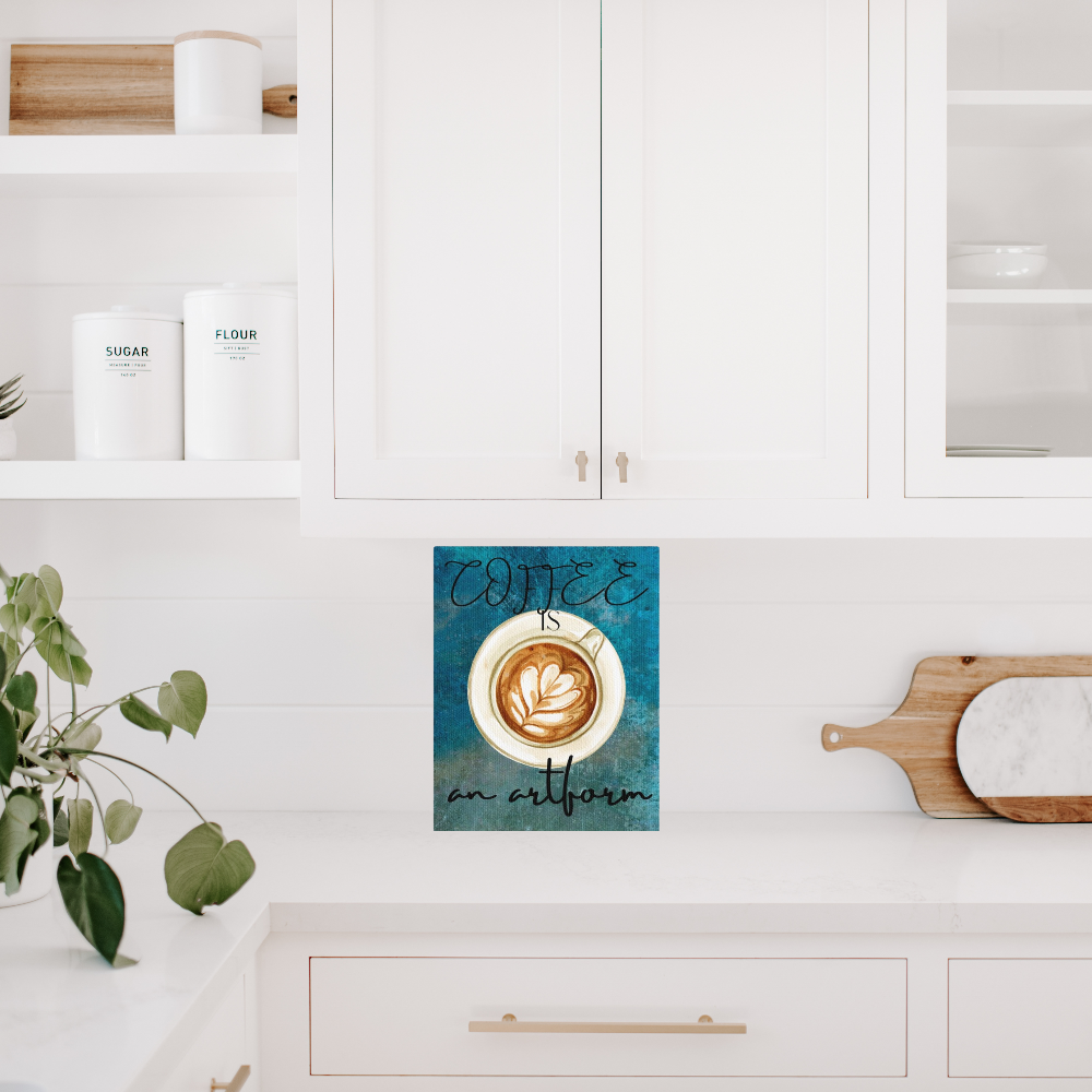 shown on a countertop in a modern white farmhouse style kitchen