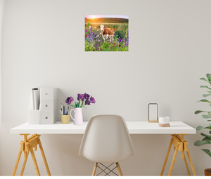 Beautiful rendering of a red Holstein cow in a field of bright flowers 
