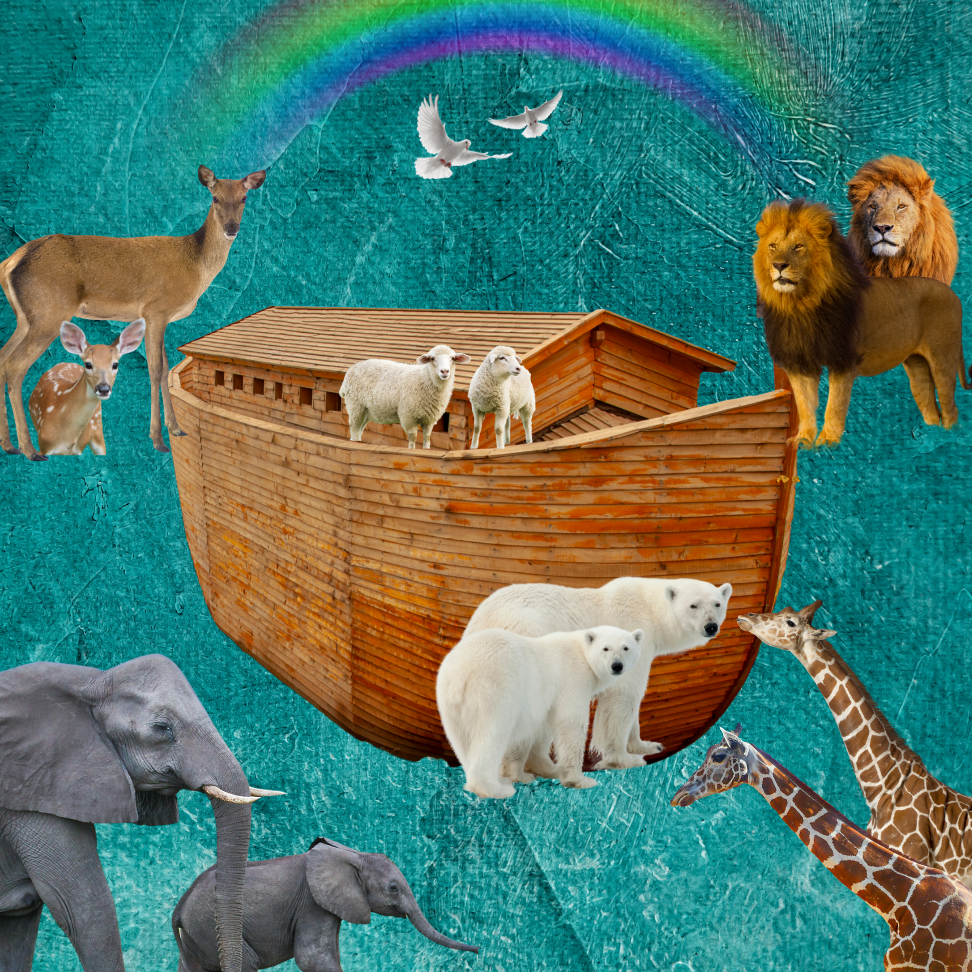 Depiction of Noahs ark on n ocean blue background