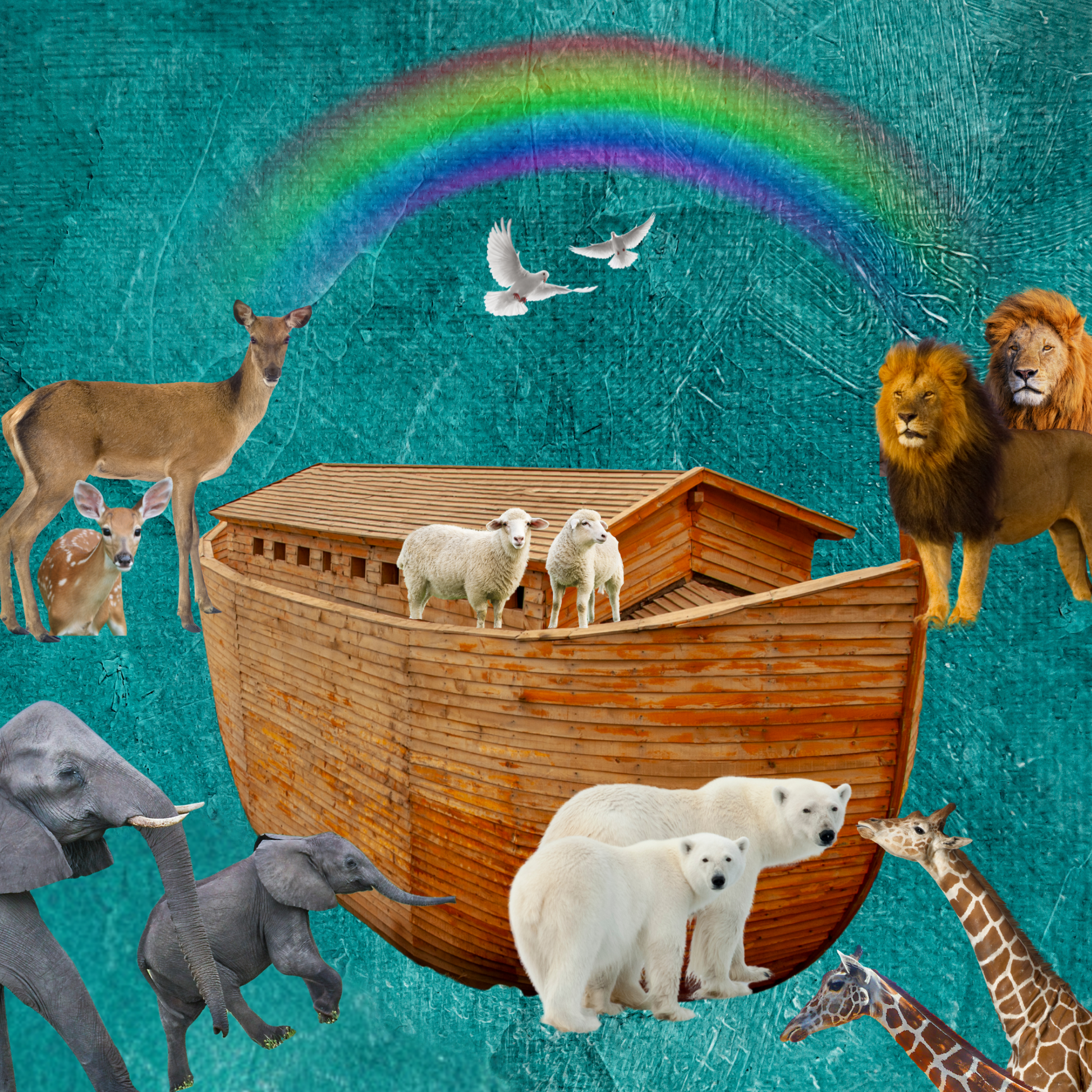 Depiction of Noahs ark on n ocean blue background
