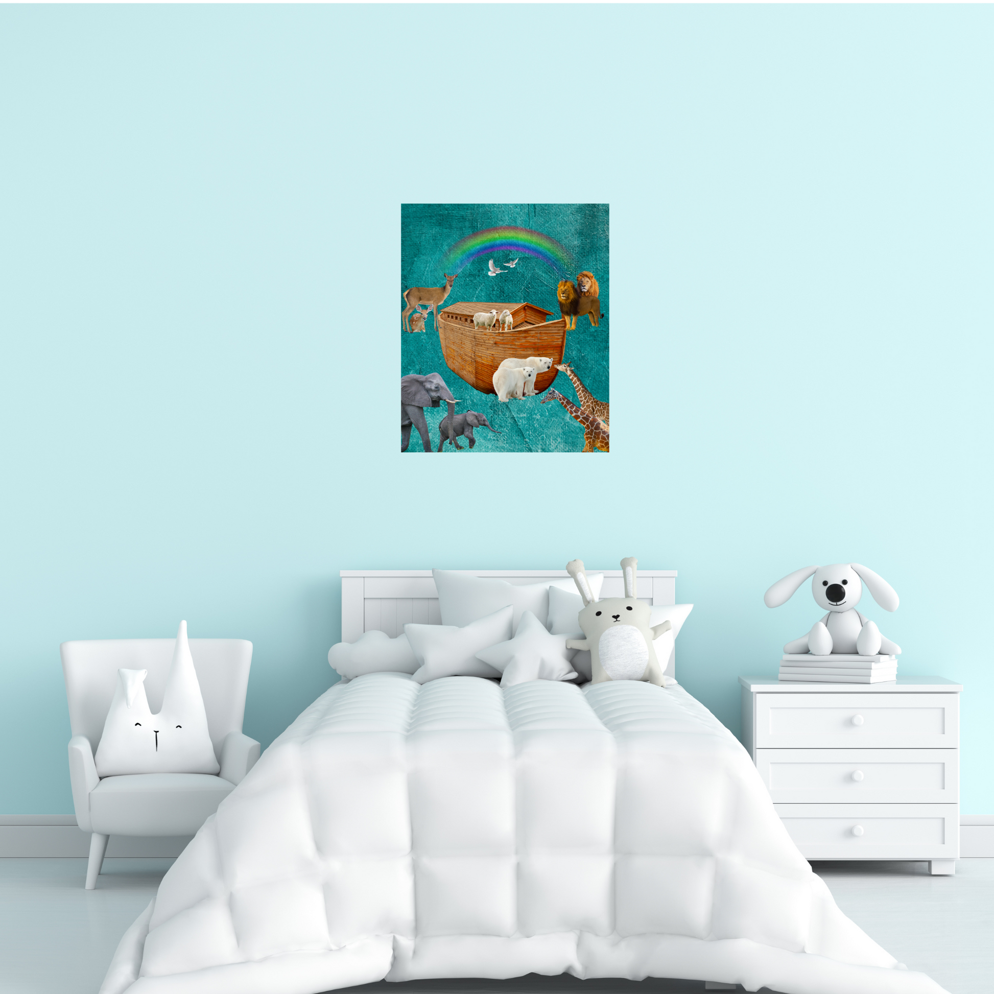 Depiction of Noahs ark on n ocean blue background