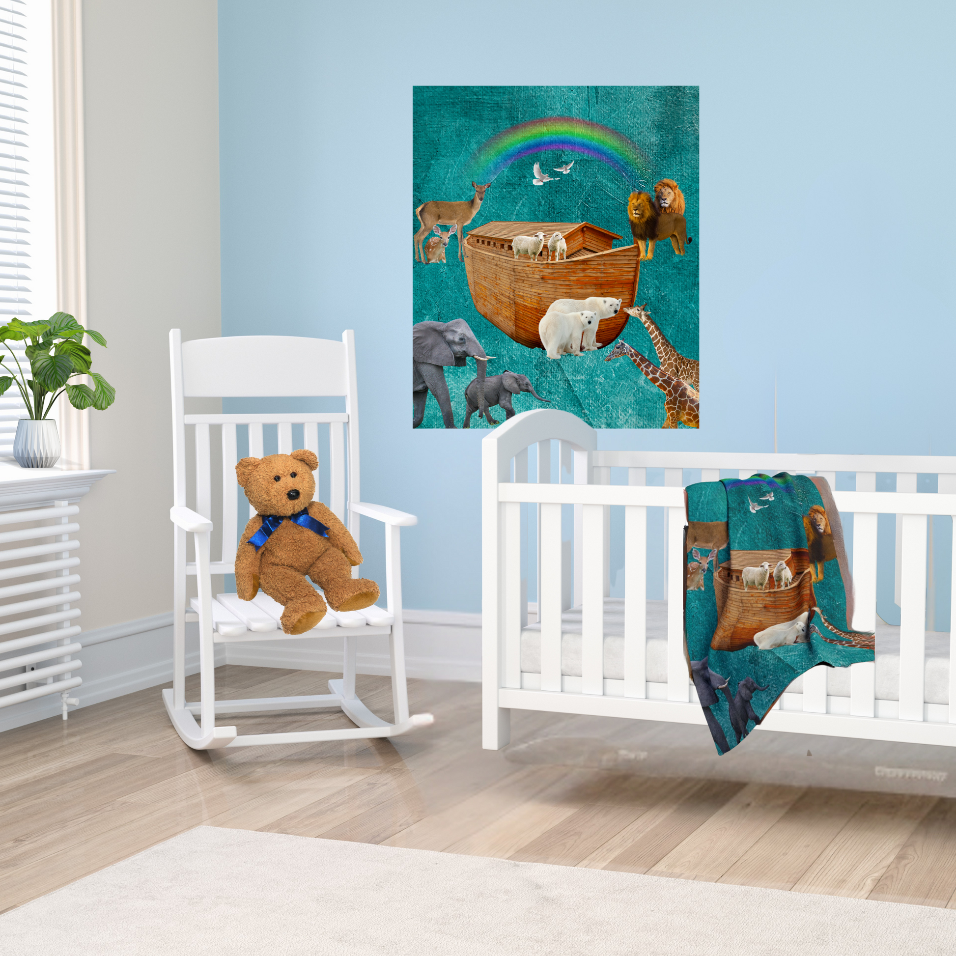 Depiction of Noahs ark on n ocean blue background