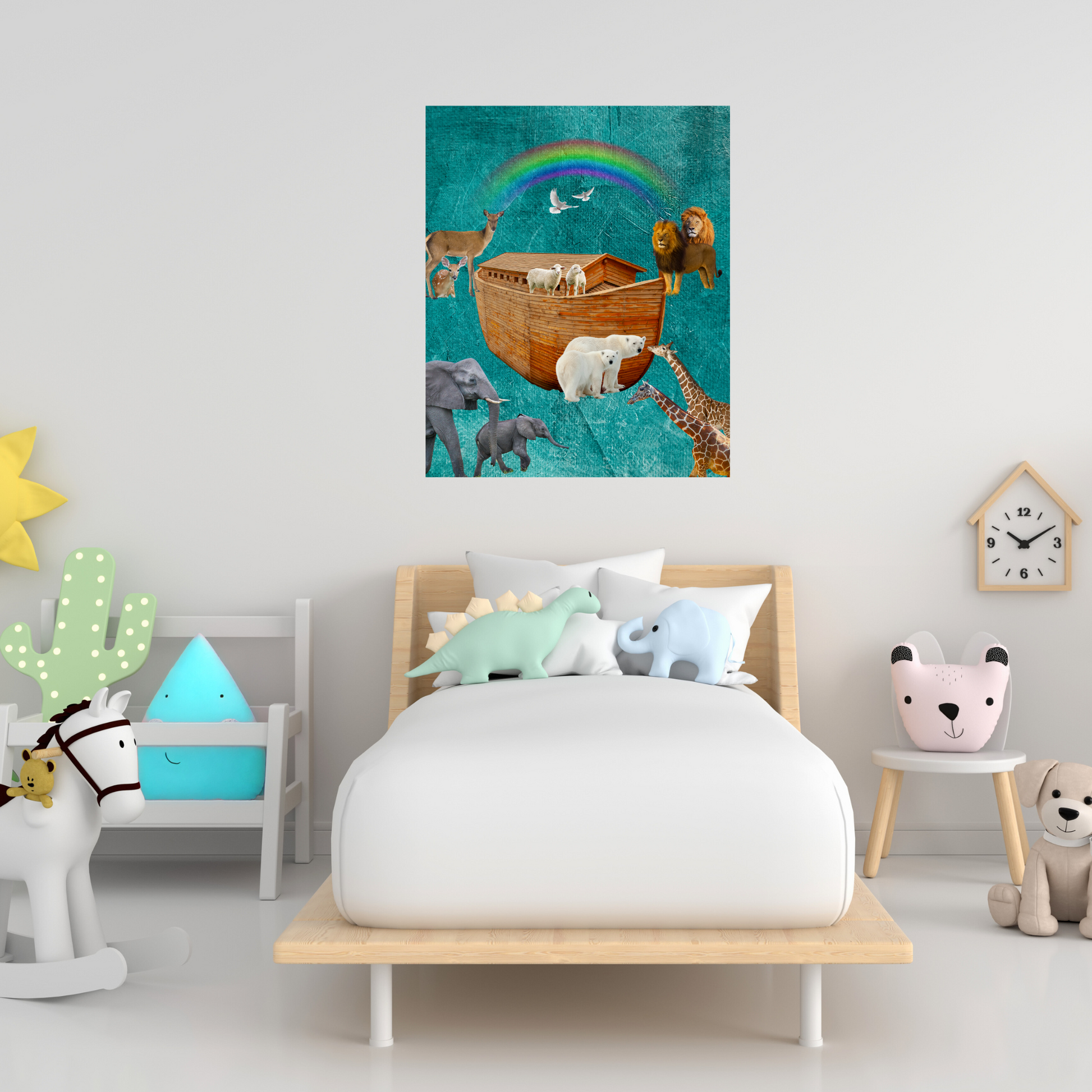 Depiction of Noahs ark on n ocean blue background