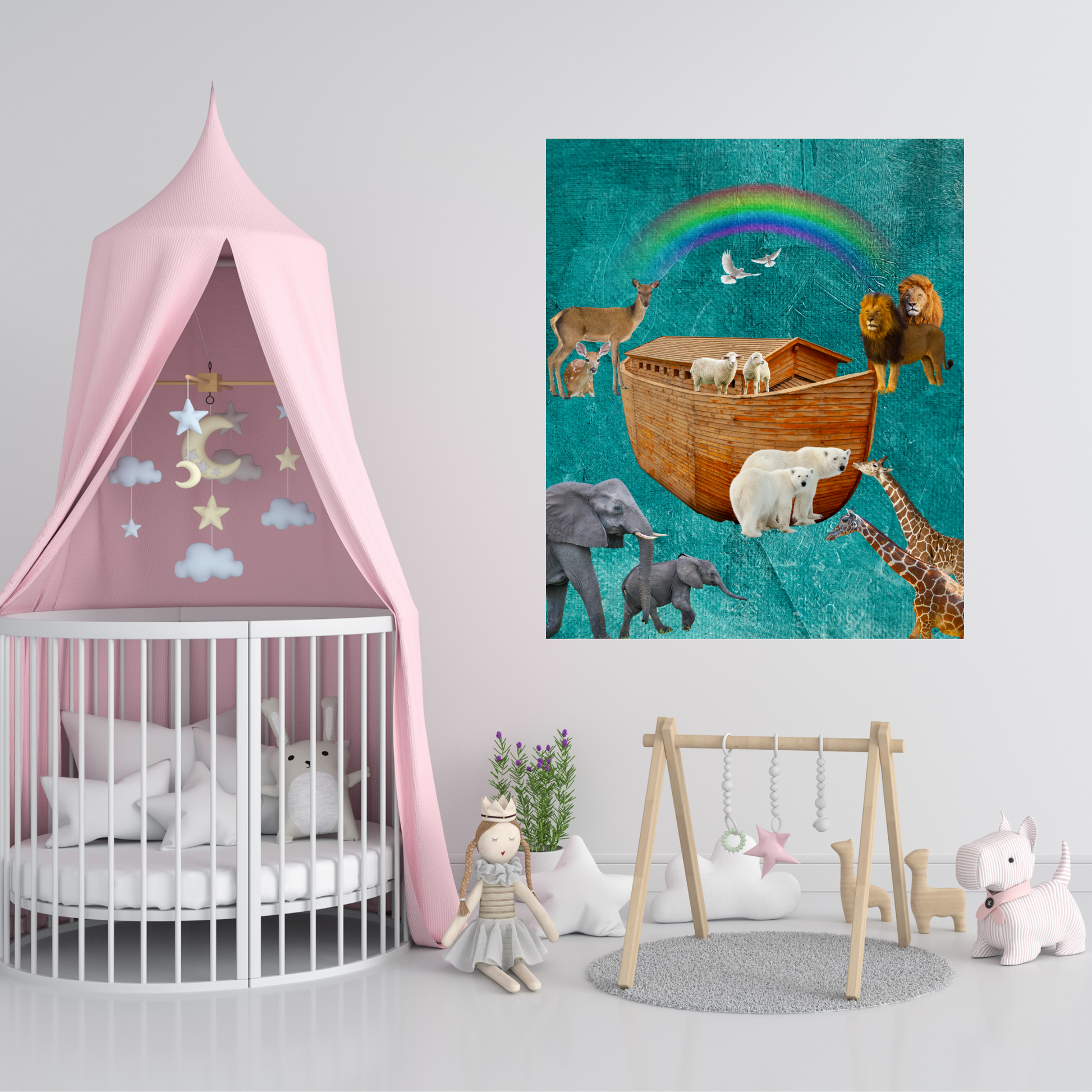 Depiction of Noahs ark on n ocean blue background