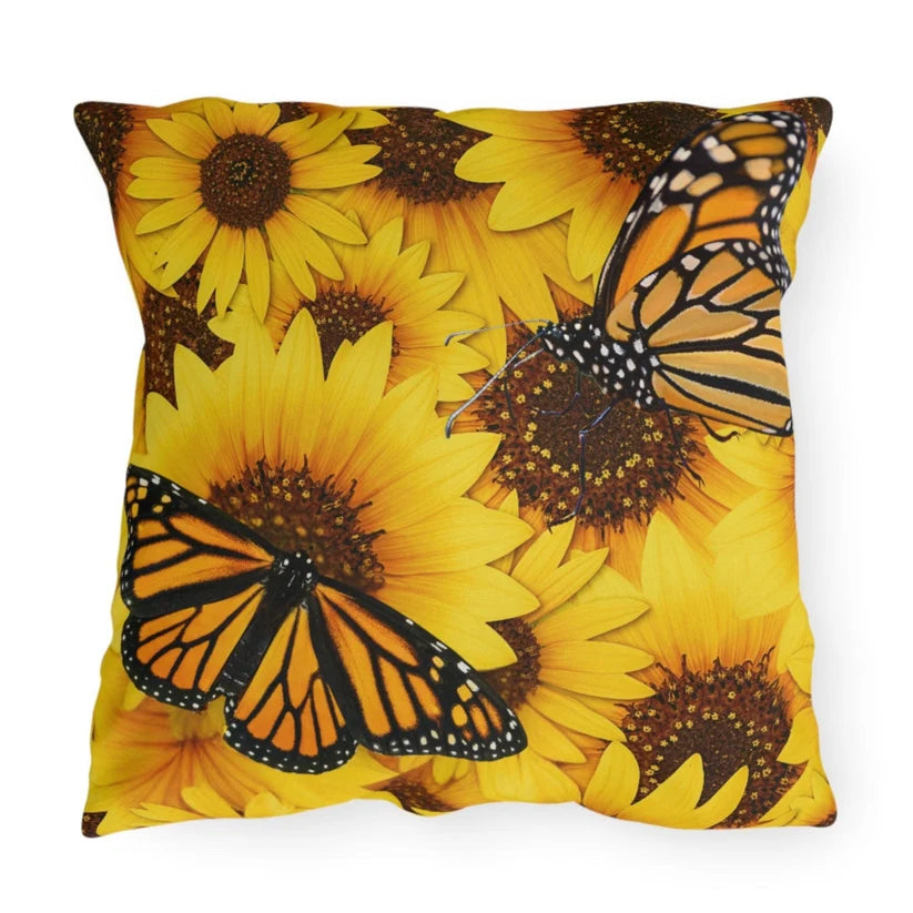 Butterflies and Sunflowers Colorful Indoor-Outdoor Throw Pillow