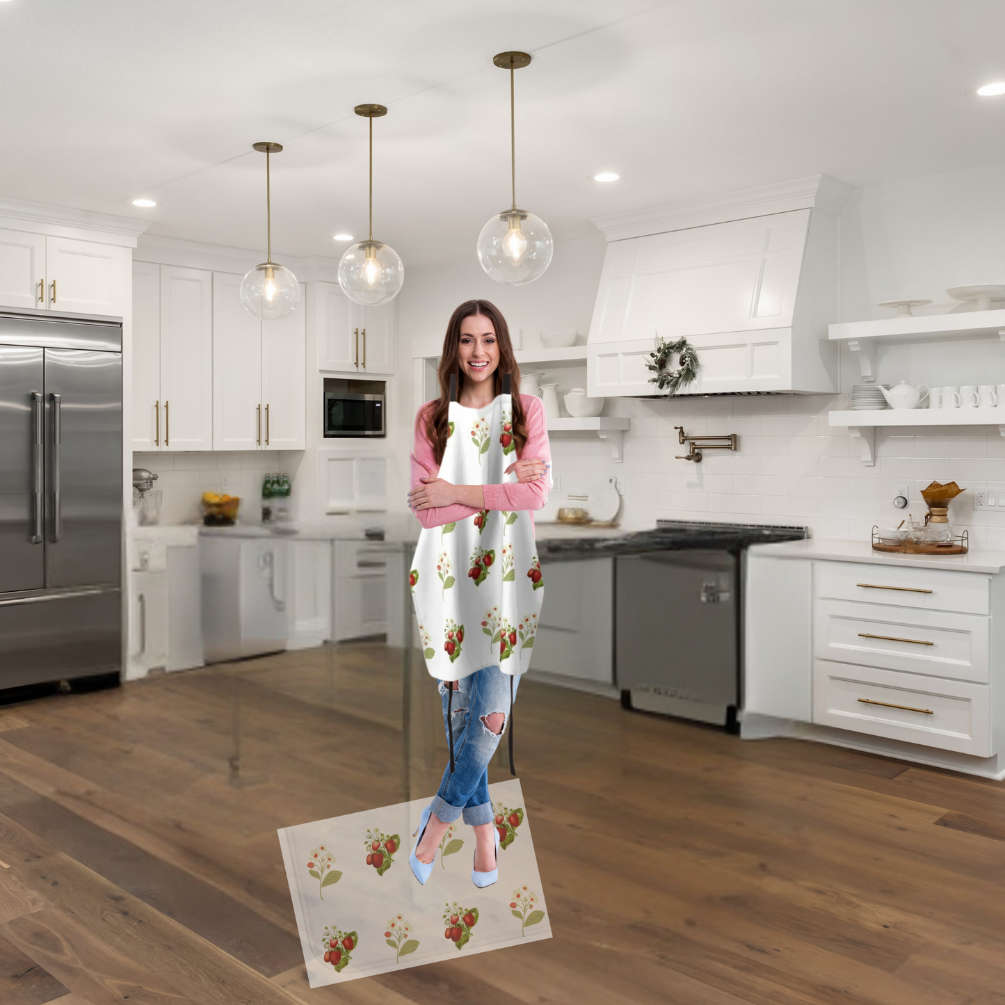 features a lady standing on a strawberry print rug wearing a matching apron