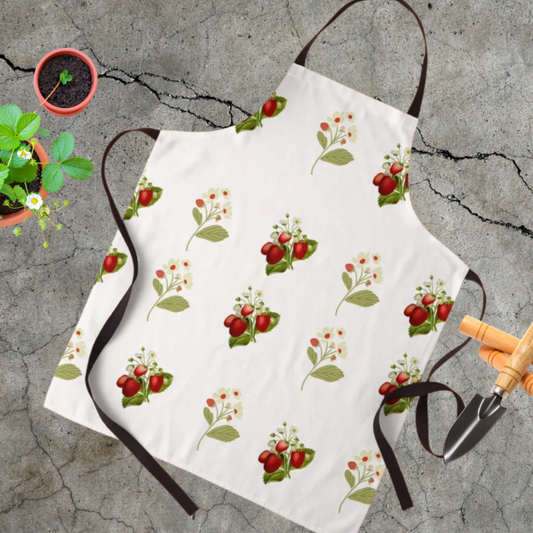Vintage inspired strawberry print apron shown with garden tools 