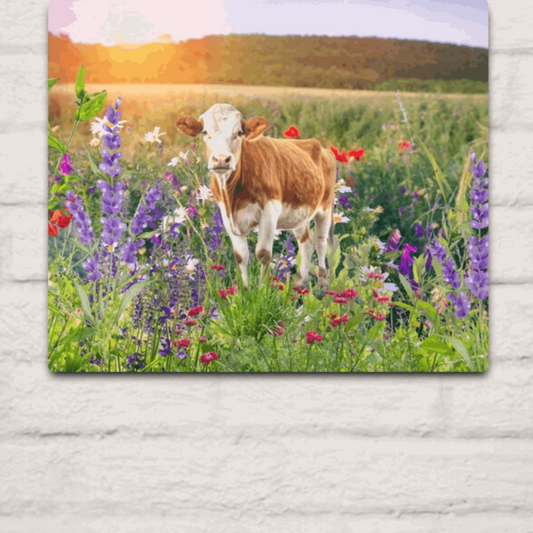 Colorful farmhouse wall art featuring a red and white cow in vibrant wildflower field, metal print perfect for modern country decor