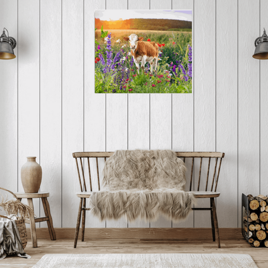 An artists depiction of a red and white Holstein cow in a field of colorful flowers shown in a modern farmhouse setting