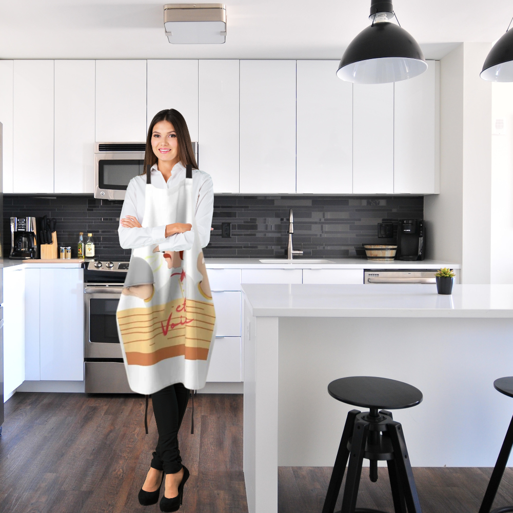 French Chef apron on a woman in a kitchen
