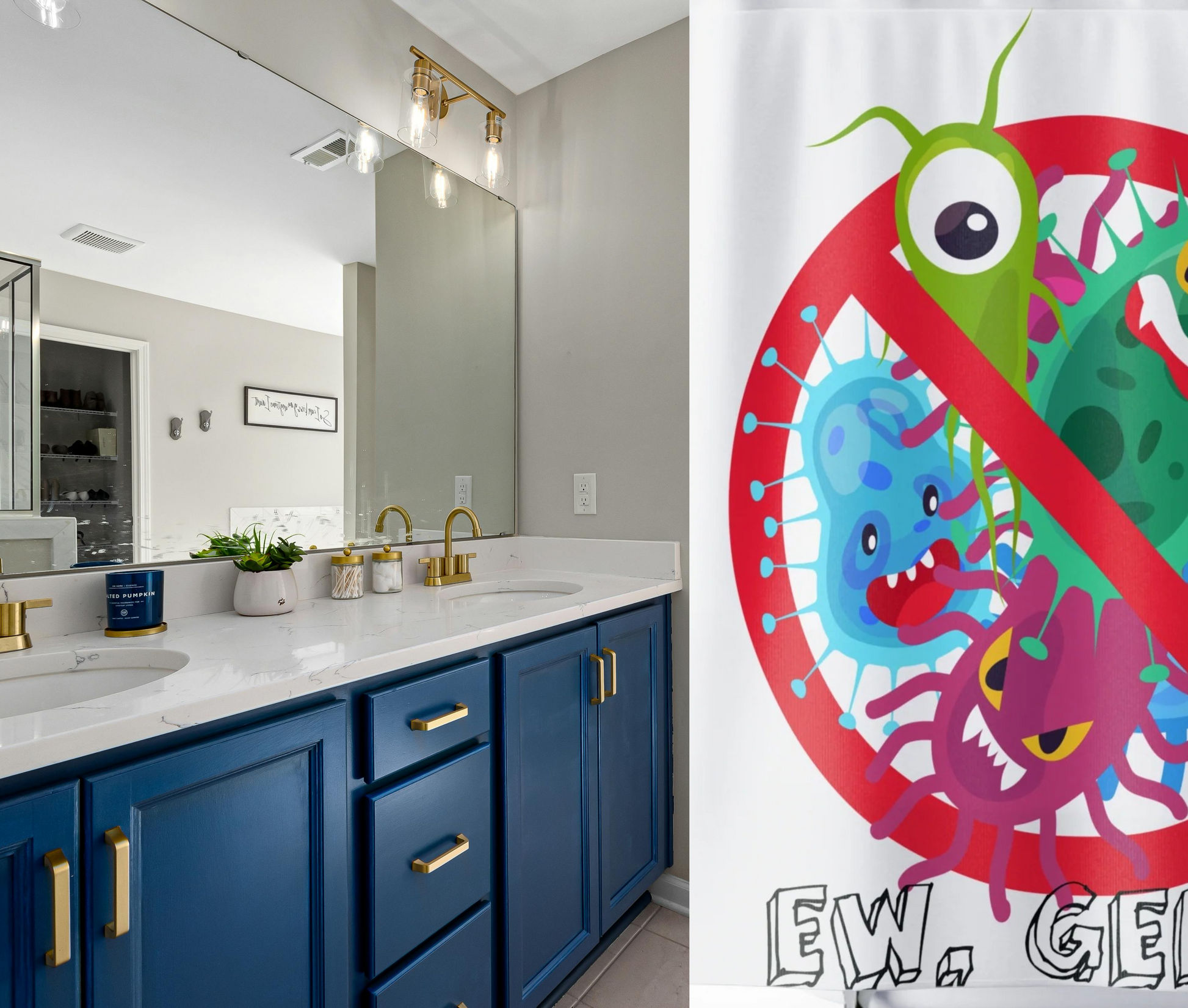 shown in a dark blue bathroom