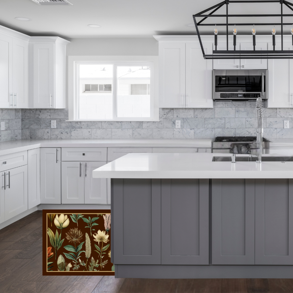 Shown in a modern kitchen with gray cabinets