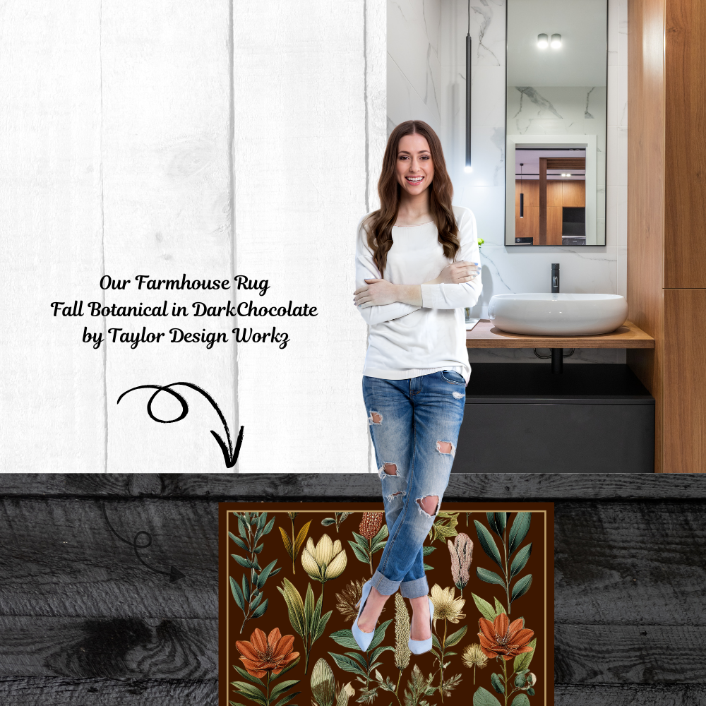 Shown in the entry to a bathroom with a lady standing on it
