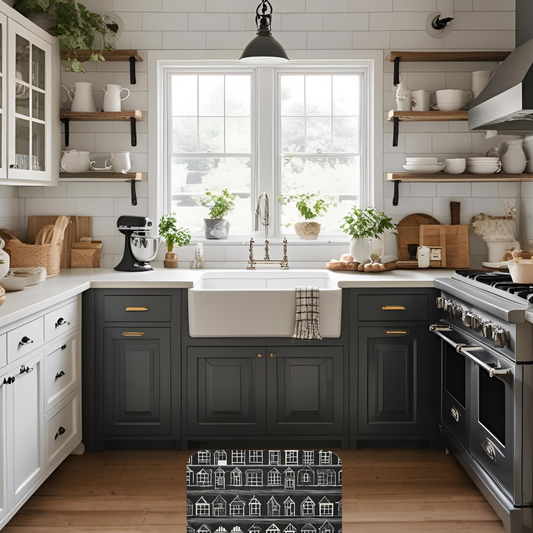 Shown in a Modern kitchen with dark cabinets, white countertops, and stainless steel appliances.