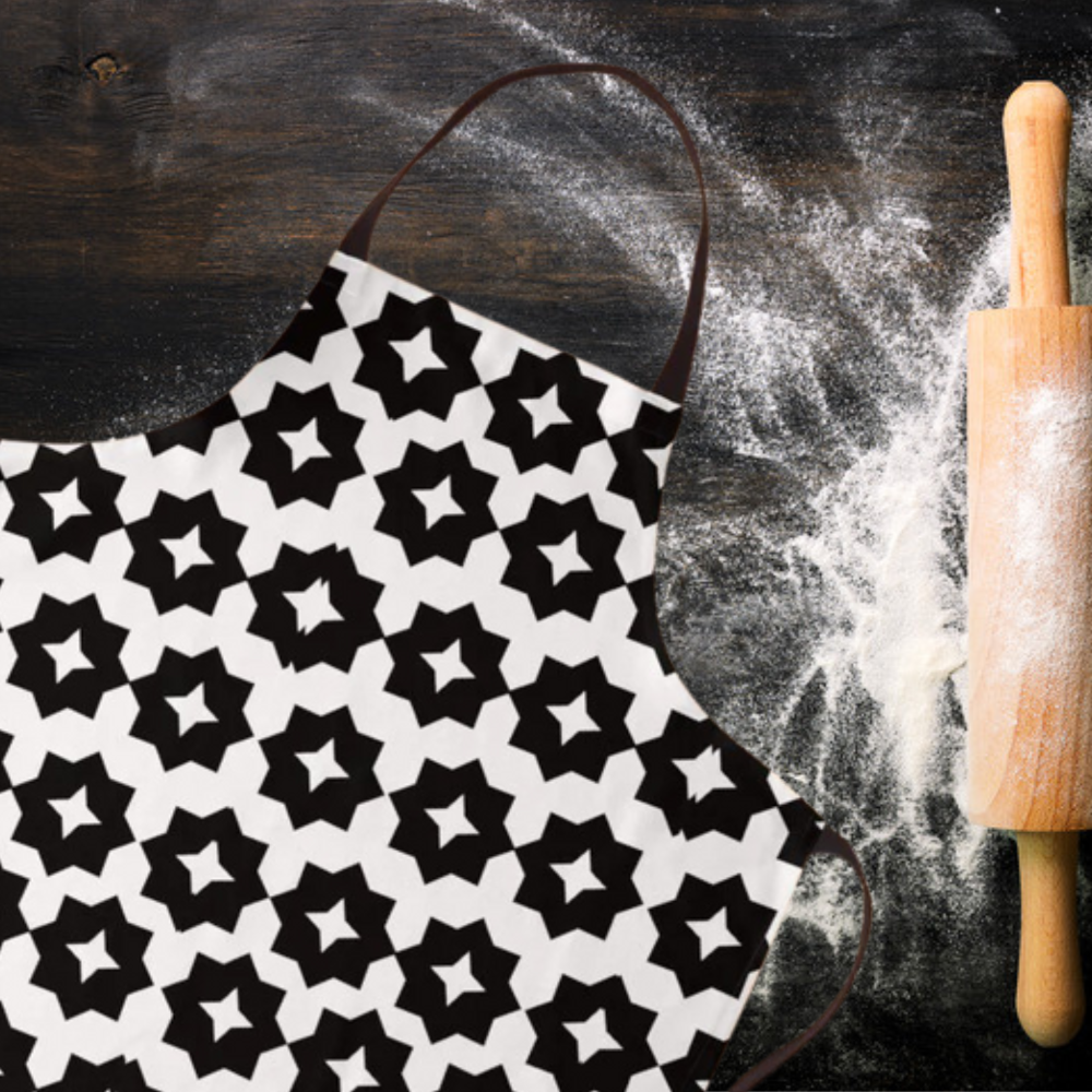 a black and white, geometric patterned farmhouse or mid century modern apron