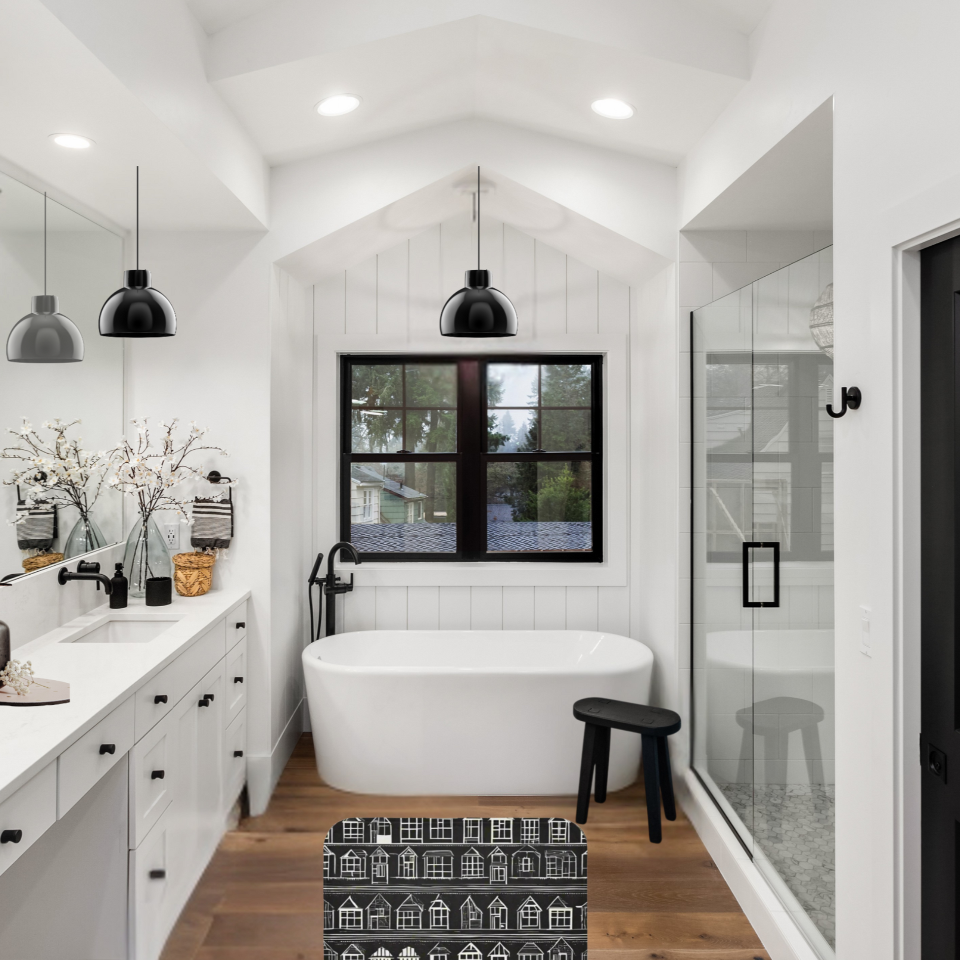 Farmhouse Rug Home Sweet Home by Taylor Design Workz  featuring a black rug with  little white houses in a black and white  farmhouse style bathroom