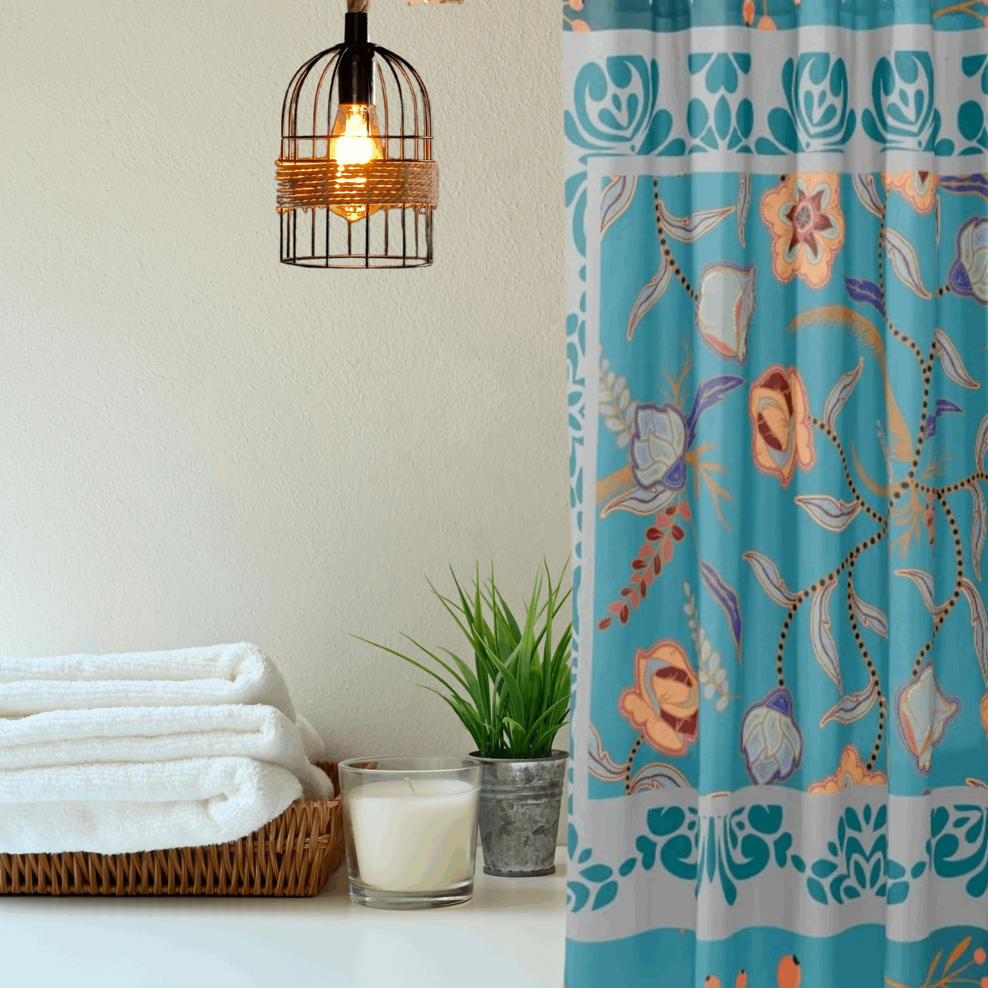 Light teal, orange and gray shower curtain, modern farmhouse , cottragecore