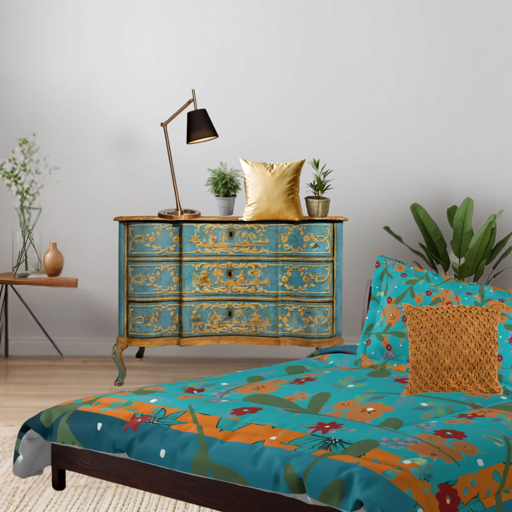 Vibrant Floral Comforter shown in a bedroom with an ornate, turquoise dresser