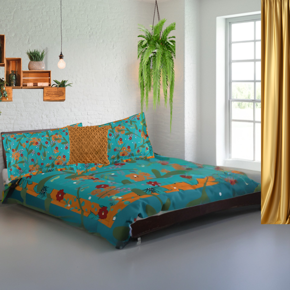 Vibrant Floral Comforter shown on a bed with a gold throw pillow