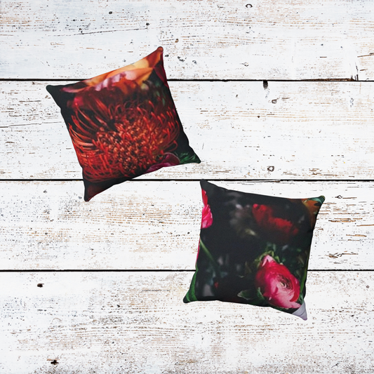 Square Pillow with Reversible Floral Print Deep orange chrysanthemums on one side and deep red peonies on reverse