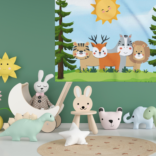 Baby Blanket Friendly Forest Animals Arctic Fleece Infant Receiving Blanket featuring forest animals in a friendly, colorful setting.