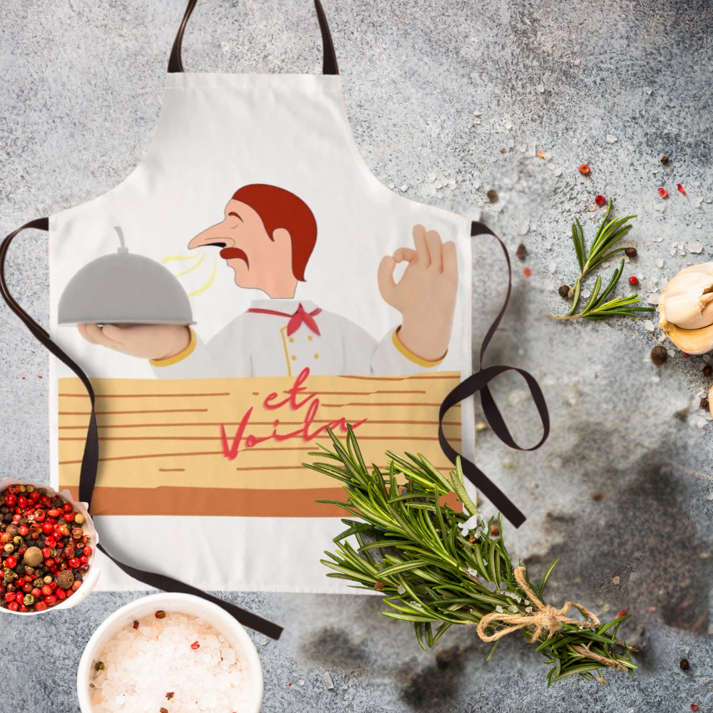 Apron with French chef shown with kitchen herbs