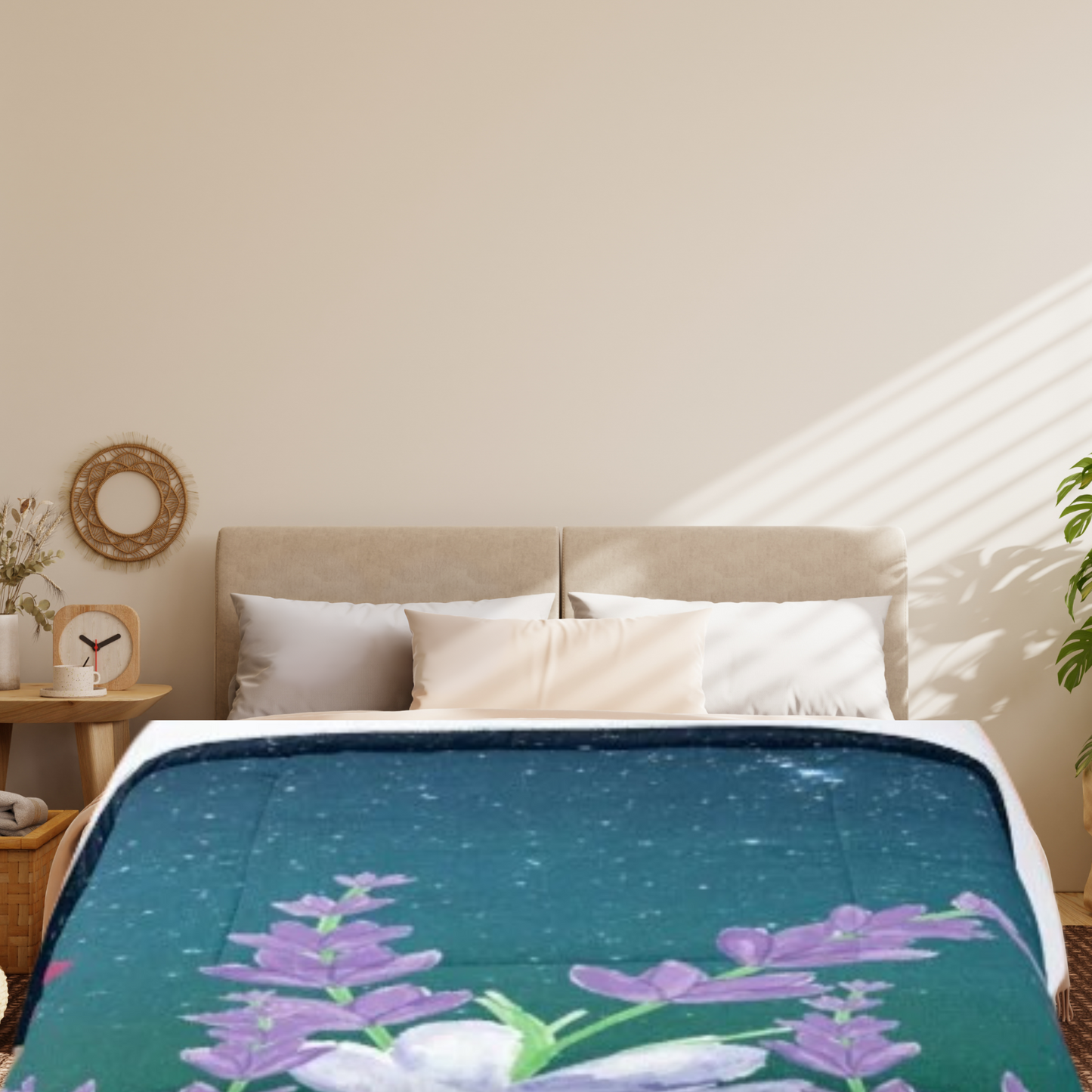 Shown on a queen sized bed