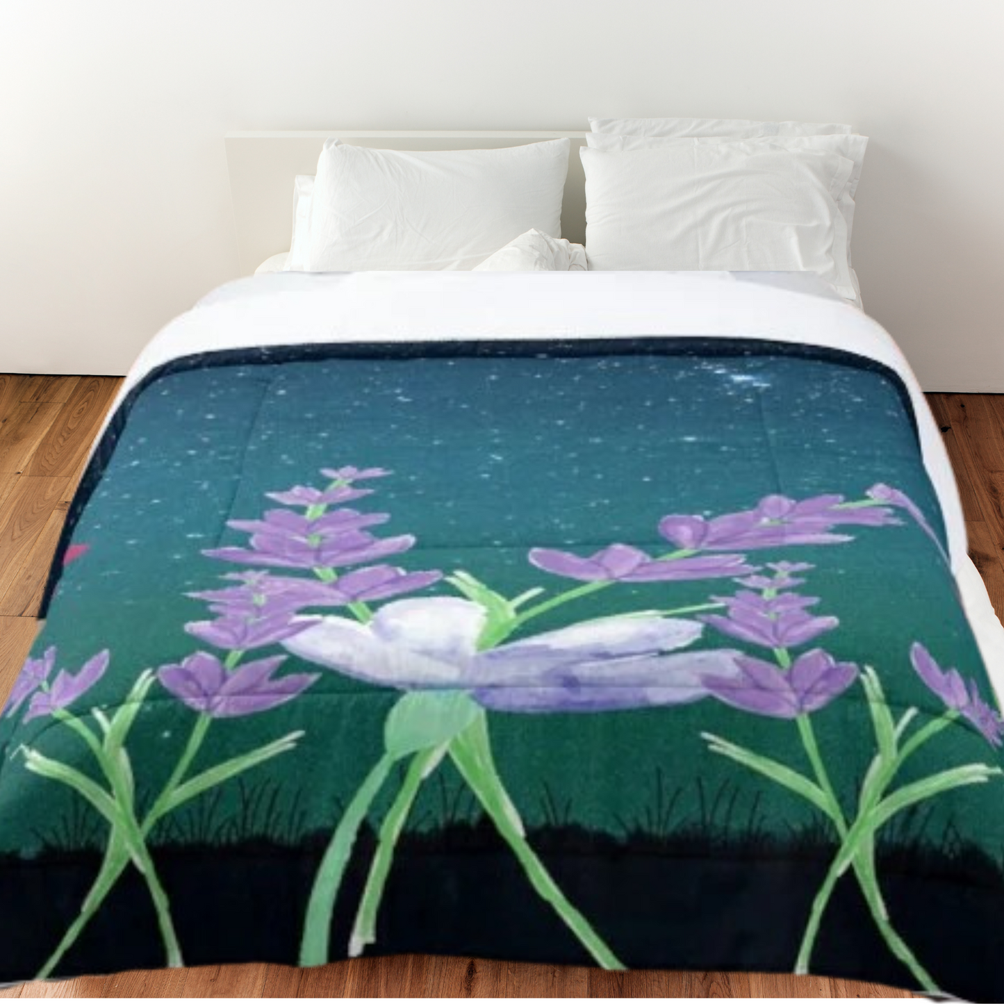 Shown in a bedroom on a double bed
