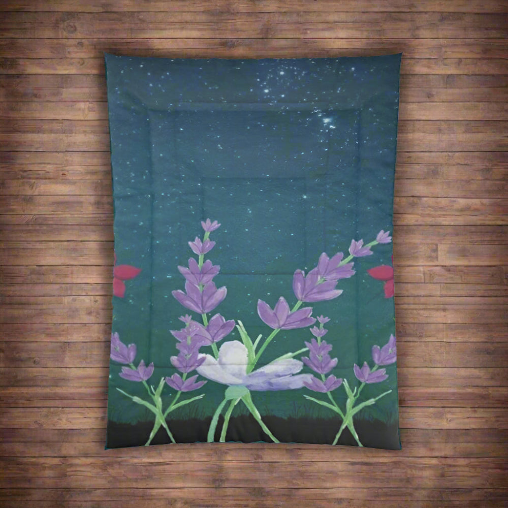 Floral design on a teal blue background with stars shown on a dark wood background
